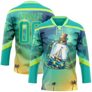 Custom Aqua Neon Yellow-Pea Green 3D Pattern Gradient Hawaii Tropical Palm Trees Hockey Lace Neck Jersey