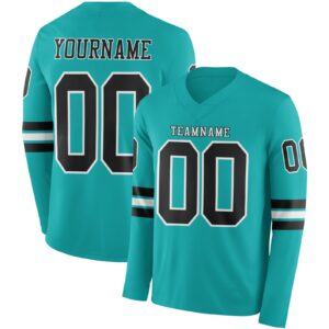 Custom Aqua Black-White Long Sleeve Authentic Football Jersey