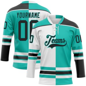 Custom Aqua Black-White Split Fashion Hockey Lace Neck Jersey